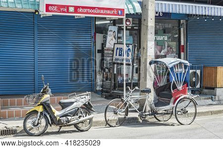 Old Bike Rickshaw Rikshaw Trishaw In Don Mueang Bangkok Thailand.