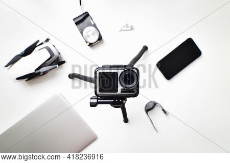 Usa, 15th June: Flat Lay Holiday Lightweight Gadget Travel Set Up Isolated On White Table Background