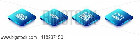 Set Isometric Line House, Wrist Watch, Coffee Machine And Printer Icon. Vector