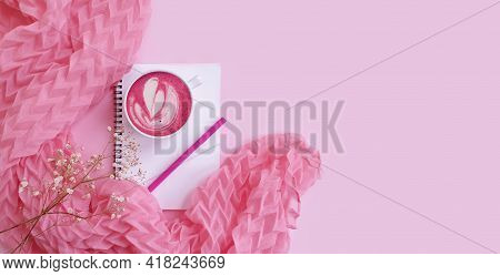 Notebook, Cup Of Coffee,  Flower On Colored Background