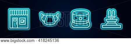 Set Line Coffee Shop, Croissant, Kepi And Fountain. Glowing Neon Icon. Vector
