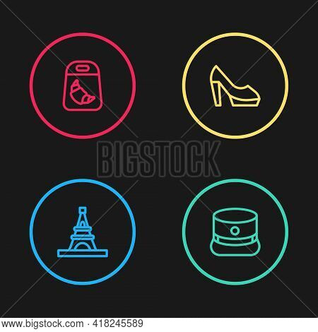 Set Line Eiffel Tower, Kepi, Woman Shoe And Croissant Package Icon. Vector