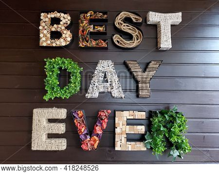 3d Shaped Letters On Wall. Craft Letters Made Of Various Textures Such As Woods, Rope, Fabric, Twine