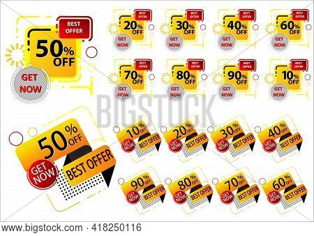 Set Of 10 To 90% Discount Stickers In Flat Halftone Design. For Sale, Promotion, Advertising
