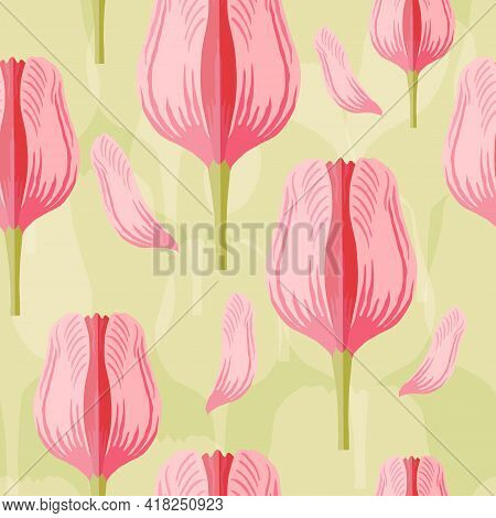 Seamless Pattern With Varietal Pink And Red Tulip. Light Green Silhouettes Of The Same Tulip On The 