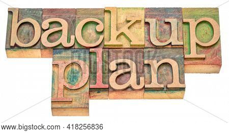 backup plan - isolated word abstract in vintage letterpress wood type stained by color inks, business planning and personal development concept
