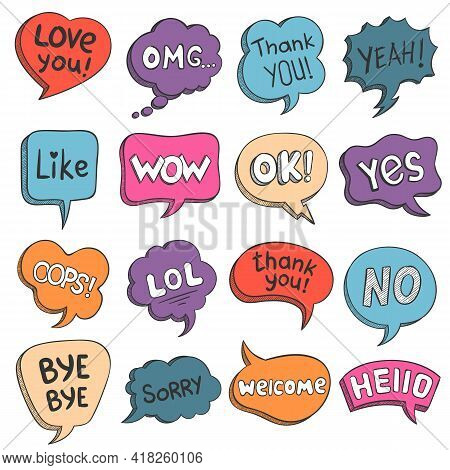 Speech Bubbles. Colorful Doodle Comic Balloons With Talk Phrases Thank You, Love, Like, Hello And Om