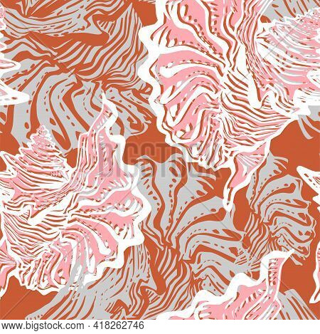 Grunge Colored Ocean Seashells In Freehand Hand Drawn Style Of Sea Life Seamless Pattern. Amazing In