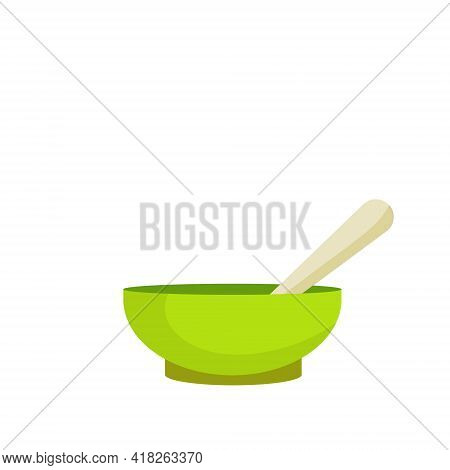 Green Tea Cup And Earthenware. Piala Bowl. National Ethnic Oriental Drink With Spoon. Flat Cartoon I
