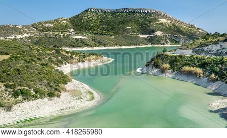 Aerial View Of Korifi Peak And Germasogeia Water Reservoir Near Limassol, Cyprus
