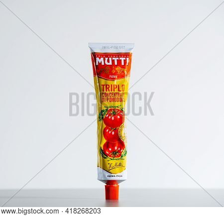 Paris, France - Jul 30, 2017: Presentation Of Isolated On White Background Mutti Triple Tomatoes Con