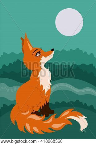 Red Fox Sitting On Glade In The Forest And Looking At The Moon.
