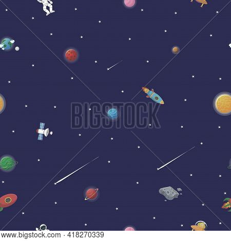 Space Pattern With Planets And Stars. Astronaut With Rocket And Alien In The Open Space Cute Design 