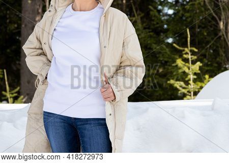 White Sweatshirt Mockup Of A Girl In Beige Quilted  Jacket, Model Mockup