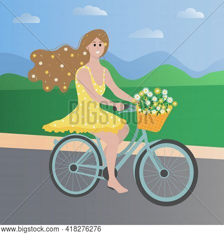 Cute Young Romantic Girl On A Bicycle With A Basket Full Of Flowers. Adorable Female Bicyclist. Flat