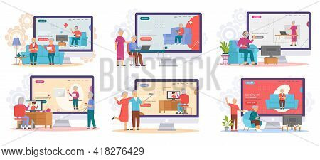 Old People Play Video Game. Modern Senior People Gadgets. Oldster Education Computer. Old Progressiv