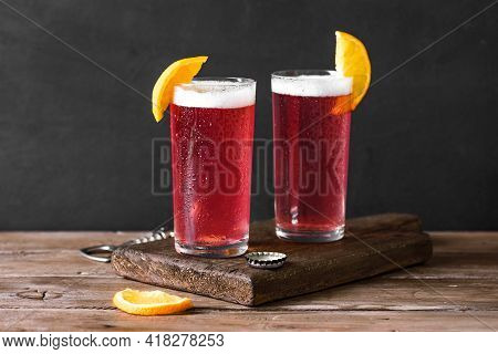 Grapefruit Or Cherry Radler, Citrus Beer Cocktail. Refreshing Fruit Beer Drink, Copy Space.