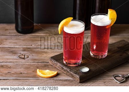 Grapefruit Or Cherry Radler, Citrus Beer Cocktail. Refreshing Fruit Beer Drink, Copy Space.