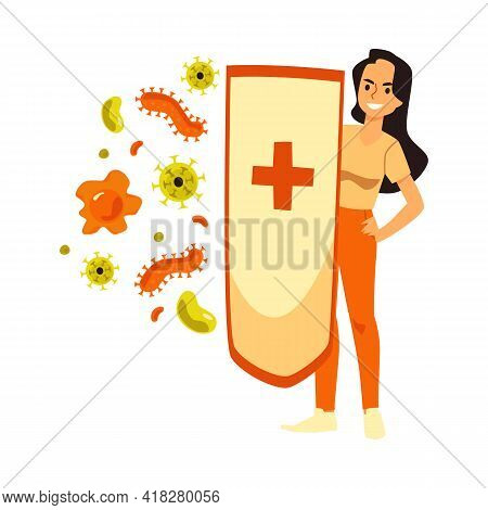 Strong Immune System With Woman Reflects Viruses, Vector Illustration Isolated.