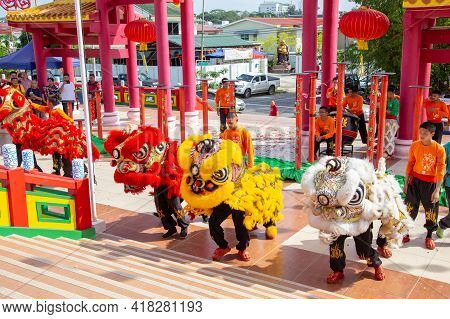 Lion Dance Show In Chinese New Year Festival On 1St Day Chinese New Year