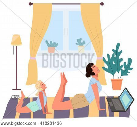 Young Woman Working Out Doing Exercises At Home. Girl Doing Yoga On Mat. Sportswoman Stretches In Ap