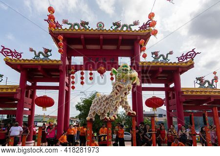 Lion Dance Show In Chinese New Year Festival On 1St Day Chinese New Year