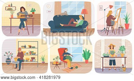 Set Of Illustrations About People Do Creative Work At Home. Cartoon Characters Create Clothes, Dishe