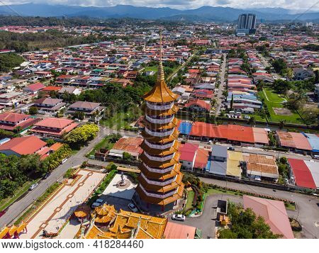 Aerial View Image Of Chinese Temple Peak Nam Toong Pagoda Located In The City Of Kota Kinabalu, Saba