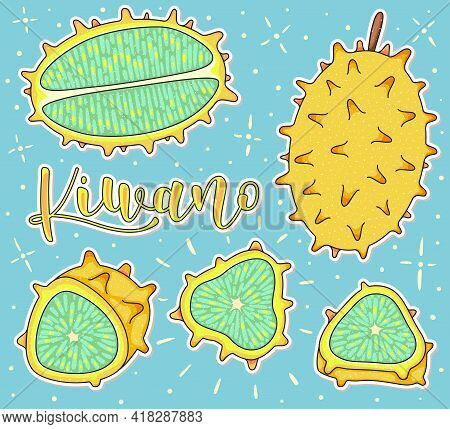 Kiwano - Whole And Pieces. Vector Stock Illustration - Colored Fruit Set