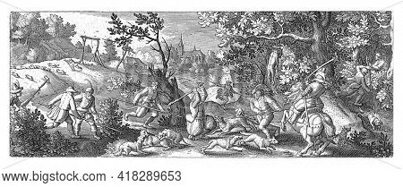 Dogs, men with spears and clubs, and a man on horseback drive a pack of wolves. One of the wolves is hung in a tree. In the background a driving hunt near a gallows and a wheel.