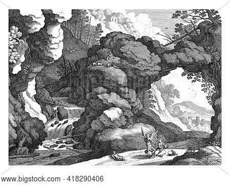 Hagar sits on the floor in despair with the empty pitcher beside him. Her son Ishmael is next to her. An angel saves Hagar by pointing out the waterfall.