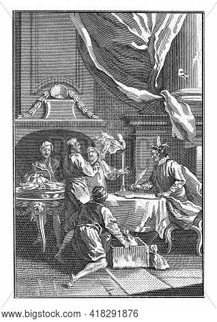 Charles V sits at a table and writes on a piece of paper with a writing feather. Around the table are members of the Fugger banking family.
