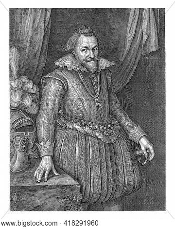 Knee pad of Philip Willem, Prince of Orange, dressed in armor, standing next to the table with a plumed helmet and glove.