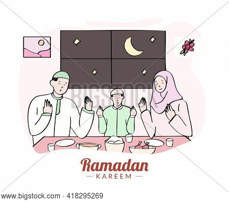 Muslim Family Praying Before Iftar Or Break The Fast. Ramadan Kareem Hand Drawn Style Illustration C