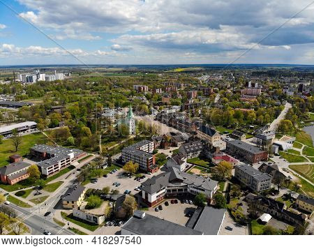 View From Above Of The Dobele City, City Center Buildings, Streets And Parks, Zemgale Region, Latvia