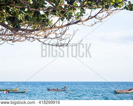 Twigs Or Branch Tree At Caost With Fishing Boat On Ocena Blue Sea. Provincial Lifestyle. Travel Summ