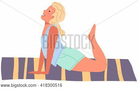 Female Character Working Out Doing Exercises At Home. Girl Doing Yoga On Mat. Sportswoman Stretches 