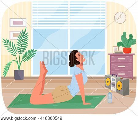 Young Girl Working Out Doing Exercises At Home. Girl Doing Yoga On Mat. Sportswoman Stretches In Apa
