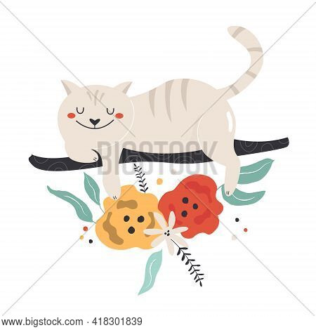 Colorful Composition With Cheshire Cat And Floral Ornament.