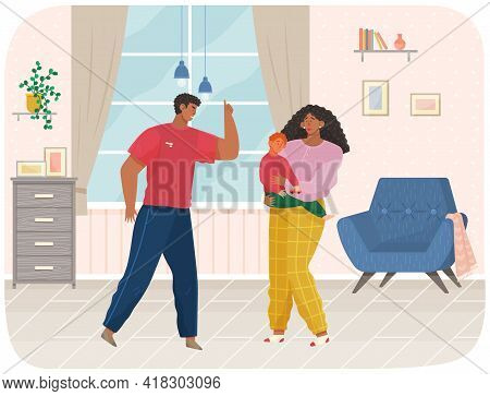 Angry Husband And Wife Swear In Presence Of Unhappy Scared Kid. Woman And Man Shouting, Screaming, Y