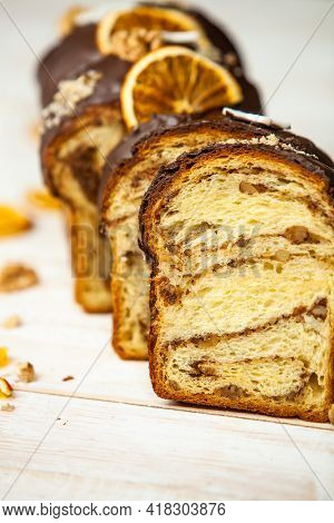 Panettone Is The Traditional Italian Dessert For Easter In 2021. Homemade Panettone Covered In Choco