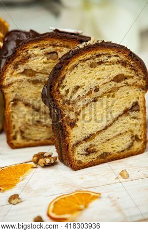 Panettone Is The Traditional Italian Dessert For Easter In 2021. Homemade Panettone Covered In Choco