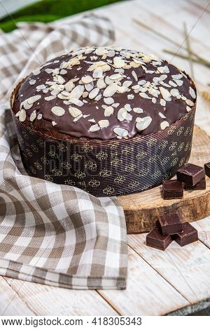 Panettone Is The Traditional Italian Dessert For Easter In 2021. Homemade Panettone Covered In Choco