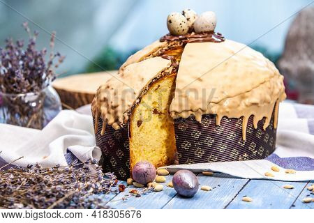 Panettone Is The Traditional Italian Dessert For Easter In 2021. Homemade Panettone Covered In Choco
