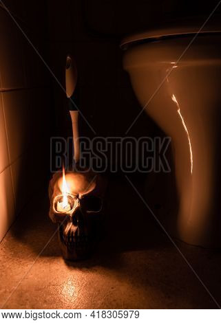 Halloween Restroom Sceen With Skull Toilet Brus Holder And Candle