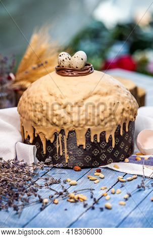 Panettone Is The Traditional Italian Dessert For Easter In 2021. Homemade Panettone Covered In Choco