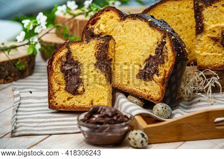 Panettone Is The Traditional Italian Dessert For Easter In 2021. Homemade Panettone Covered In Choco
