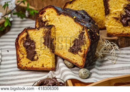 Panettone Is The Traditional Italian Dessert For Easter In 2021. Homemade Panettone Covered In Choco