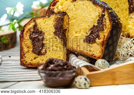 Panettone Is The Traditional Italian Dessert For Easter In 2021. Homemade Panettone Covered In Choco