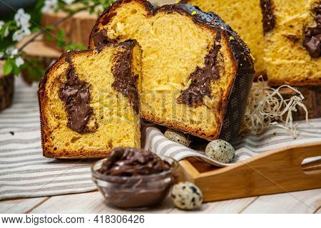 Panettone Is The Traditional Italian Dessert For Easter In 2021. Homemade Panettone Covered In Choco